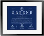 Greene last name origin and heritage in Deep Blue with Black Matte Frame