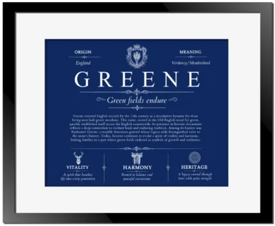Greene last name origin and heritage in Deep Blue with Black Matte Frame
