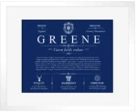 Greene last name origin and heritage in Deep Blue with White Matte Frame Greene last name origin and heritage in Deep Blue with White Matte Frame