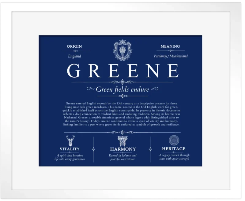 Greene last name origin and heritage in Deep Blue with White Matte Frame