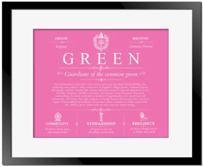 Green surname meaning and heritage in Pink with Black Matte Frame
