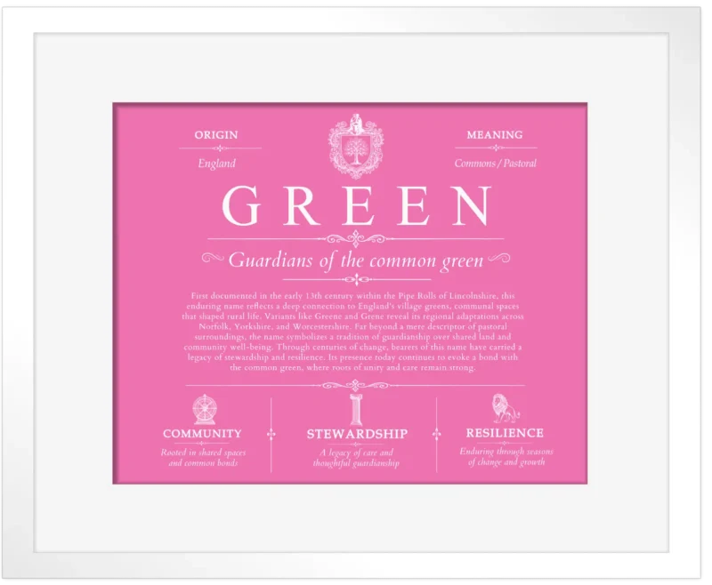 Green surname meaning and heritage in Pink with White Matte Frame