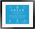 Greer last name history and origin in Blue with Black Matte Frame