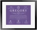 Gregory surname history and heritage in Purple with Black Matte Frame