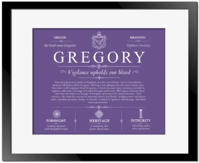 Gregory surname history and heritage in Purple with Black Matte Frame