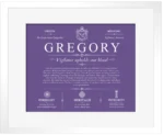 Gregory surname history and heritage in Purple with White Matte Frame
