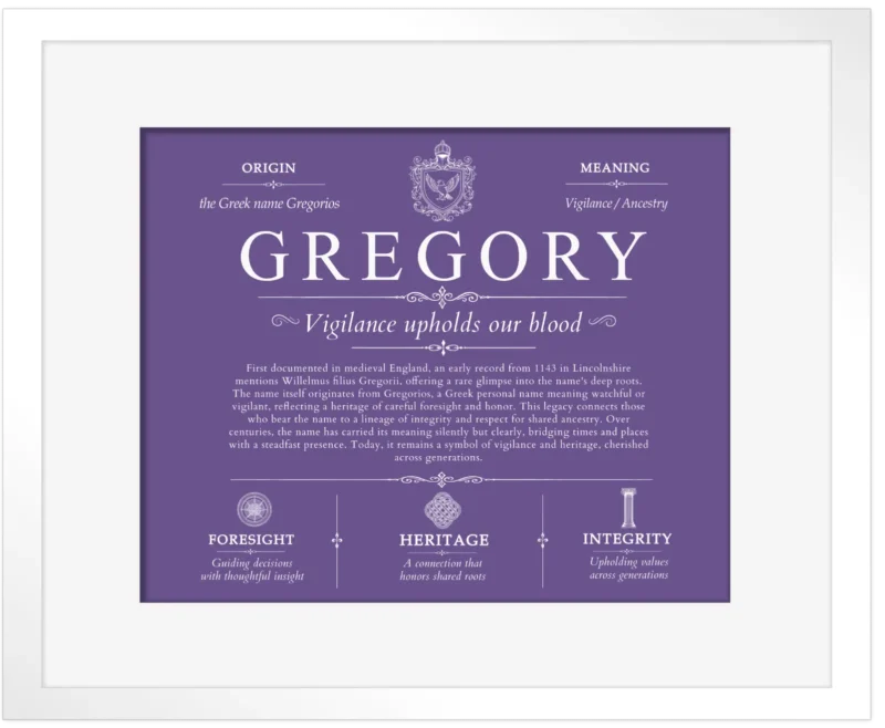 Gregory surname history and heritage in Purple with White Matte Frame