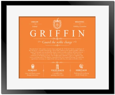 Griffin surname meaning and heritage in Orange with Black Matte Frame
