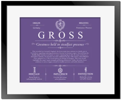 Gross surname meaning and heritage in Purple with Black Matte Frame