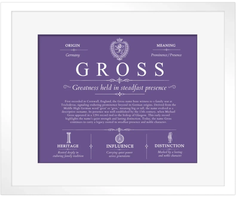 Gross surname meaning and heritage in Purple with White Matte Frame