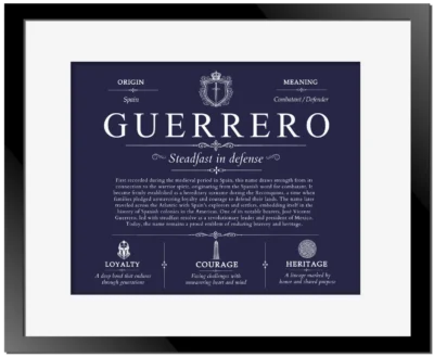 Guerrero surname history and heritage in Navy Blue with Black Matte Frame