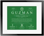 Guzman surname meaning and origin in Dark Green with Black Matte Frame