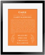 Gaige name history and origin print in orange with black matte frame