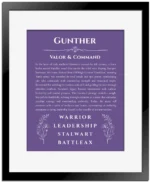 Gunther personalized name origin story in purple with black matte frame