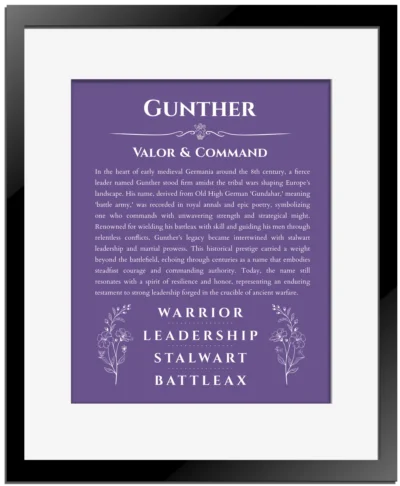 Gunther personalized name origin story in purple with black matte frame