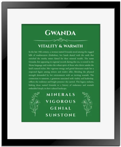 Gwanda personalized name origin story in dark green with black matte frame