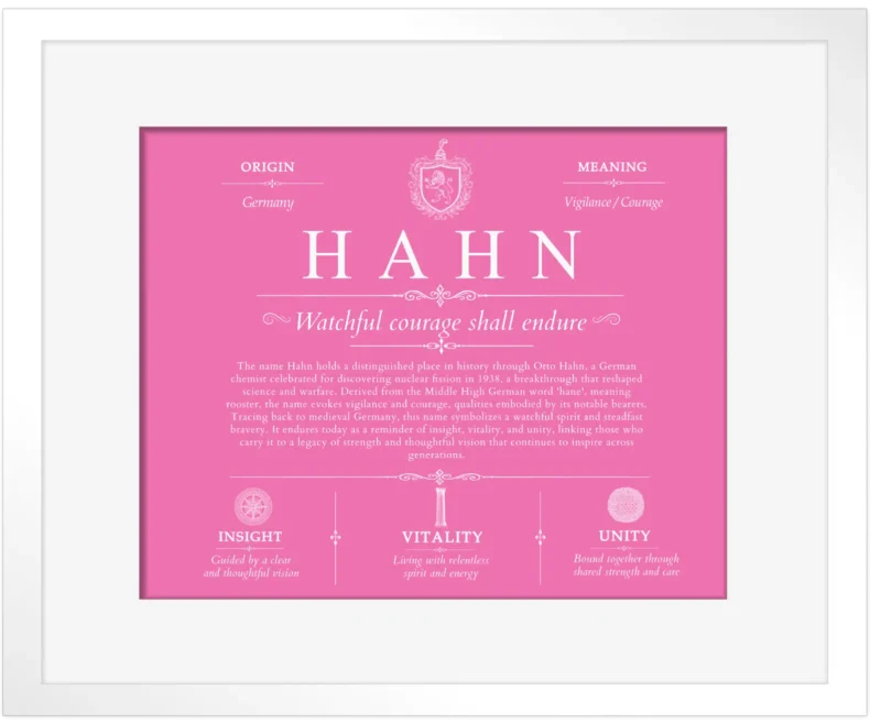 Hahn surname origin and family heritage in Pink with White Matte Frame