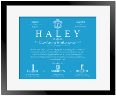 Haley surname heritage and history in Blue with Black Matte Frame