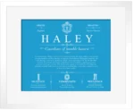 Haley surname heritage and history in Blue with White Matte Frame Haley surname heritage and history in Blue with White Matte Frame