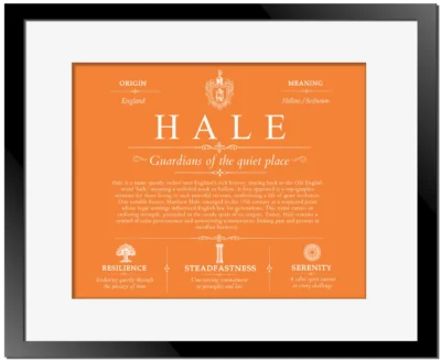 Hale surname meaning and heritage in Orange with Black Matte Frame