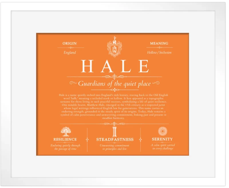 Hale surname meaning and heritage in Orange with White Matte Frame