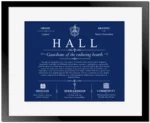 Hall family name origin and history in Deep Blue with Black Matte Frame