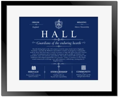 Hall family name origin and history in Deep Blue with Black Matte Frame