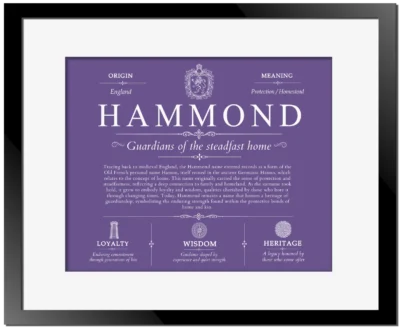 Hammond family name history in Purple with Black Matte Frame