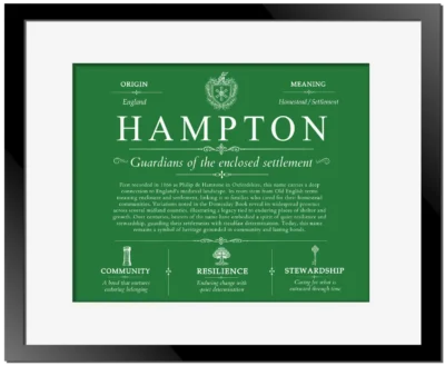 Hampton surname heritage and history in Dark Green with Black Matte Frame
