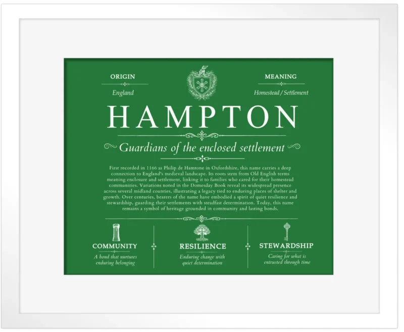 Hampton surname heritage and history in Dark Green with White Matte Frame
