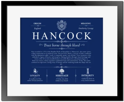 Hancock family name history in Deep Blue with Black Matte Frame