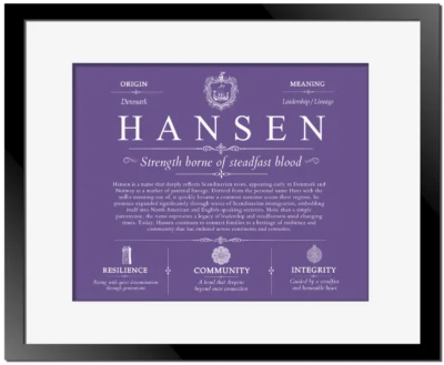 Hansen family name meaning and origin in Purple with Black Matte Frame