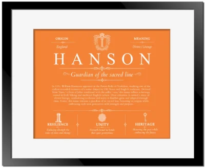 Hanson last name origin and heritage in Orange with Black Matte Frame