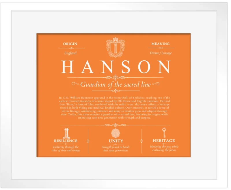 Hanson last name origin and heritage in Orange with White Matte Frame