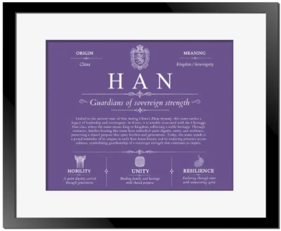 Han family name meaning and history in Purple with Black Matte Frame