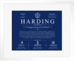 Harding last name origin and heritage in Deep Blue with White Matte Frame Harding last name origin and heritage in Deep Blue with White Matte Frame