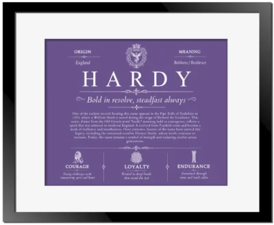 Hardy surname history and family heritage in Purple with Black Matte Frame