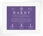 Hardy surname history and family heritage in Purple with White Matte Frame Hardy surname history and family heritage in Purple with White Matte Frame