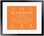 Harmon surname meaning and origin in Orange with Black Matte Frame
