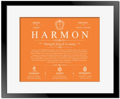 Harmon surname meaning and origin in Orange with Black Matte Frame