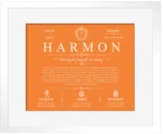 Harmon surname meaning and origin in Orange with White Matte Frame
