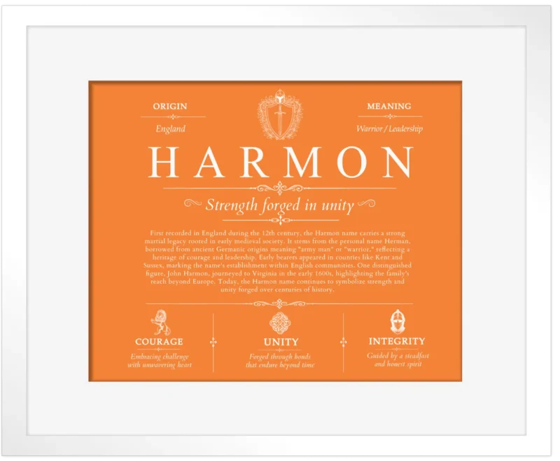 Harmon surname meaning and origin in Orange with White Matte Frame