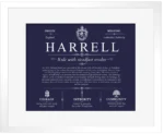 Harrell surname meaning history and origin in Navy Blue with White Matte Frame