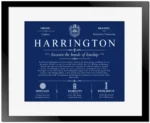 Harrington surname meaning and heritage in Deep Blue with Black Matte Frame