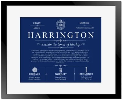 Harrington surname meaning and heritage in Deep Blue with Black Matte Frame