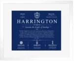 Harrington surname meaning and heritage in Deep Blue with White Matte Frame