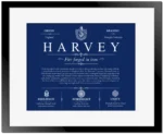 Harvey surname origin and family heritage in Deep Blue with Black Matte Frame