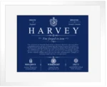 Harvey surname origin and family heritage in Deep Blue with White Matte Frame