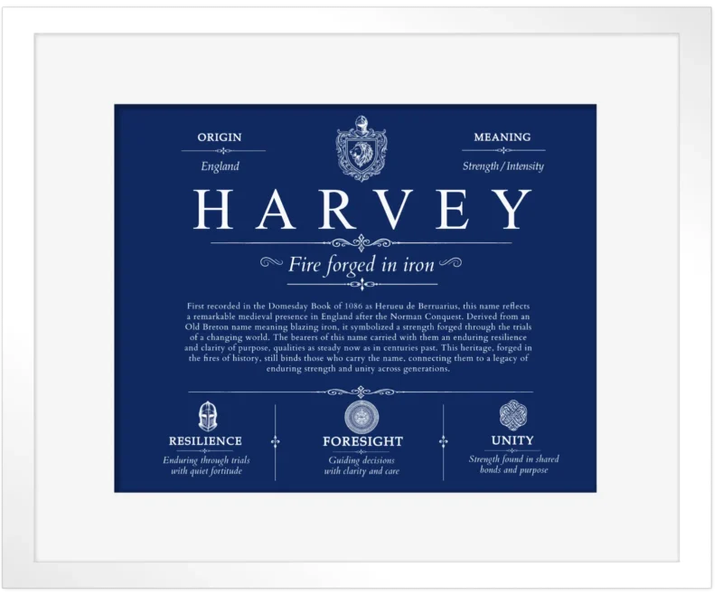 Harvey surname origin and family heritage in Deep Blue with White Matte Frame
