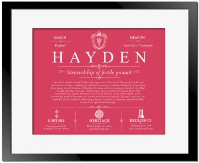 Hayden last name origin and heritage in Red with Black Matte Frame